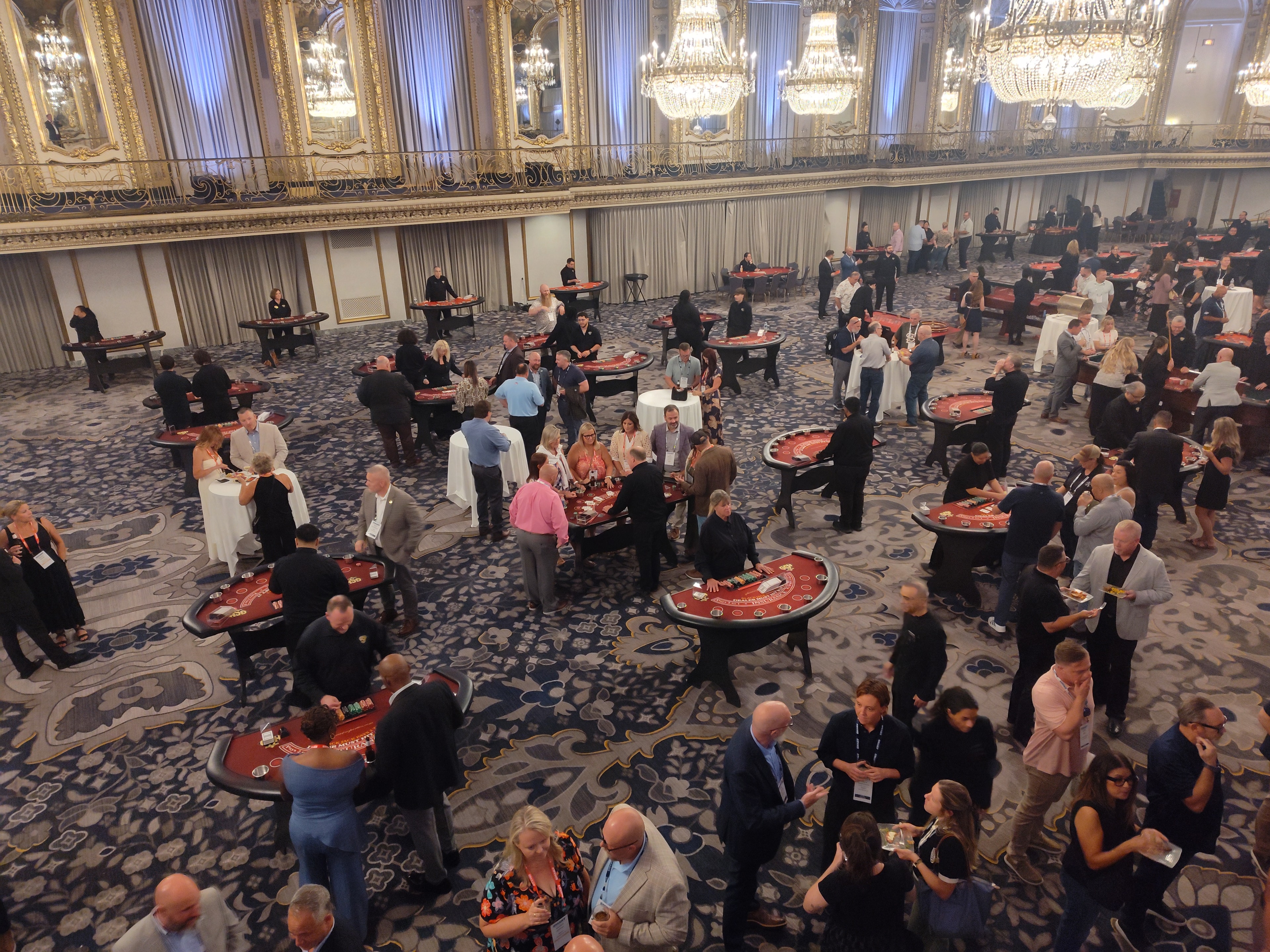 Aerial overview of the 60-table casino party inside the Hilton Chicago Grand Ballroom