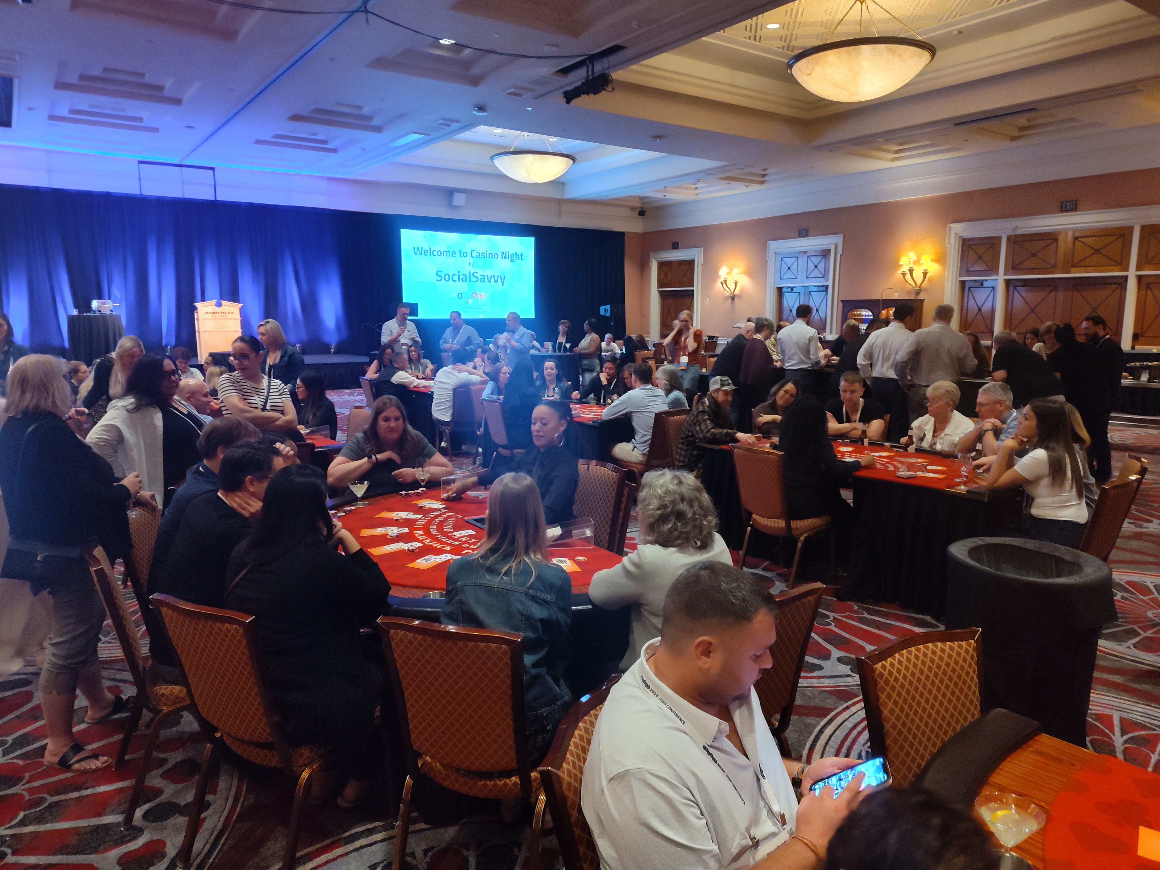 Large ballroom filled with casino tables and guests at a Stevensville Casino Party USA event