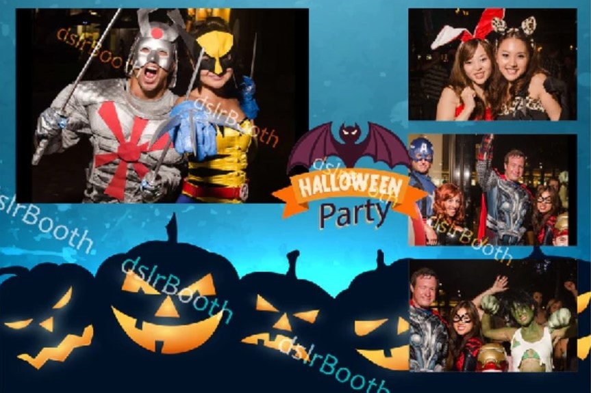 Halloween party photo booth collage with costumed guests and jack-o-lantern graphics