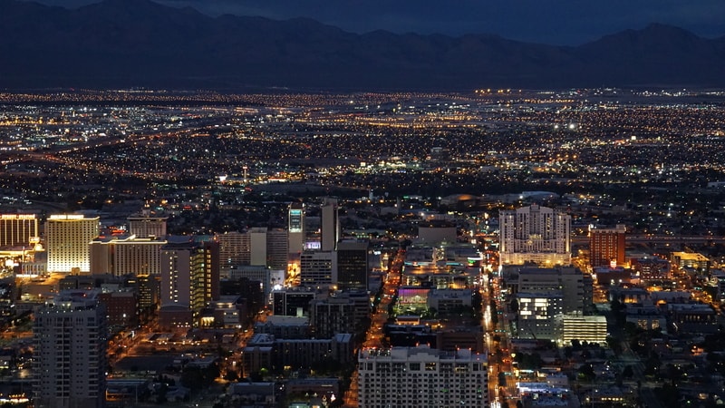 Aerial nighttime view of Las Vegas from the Stratosphere tower